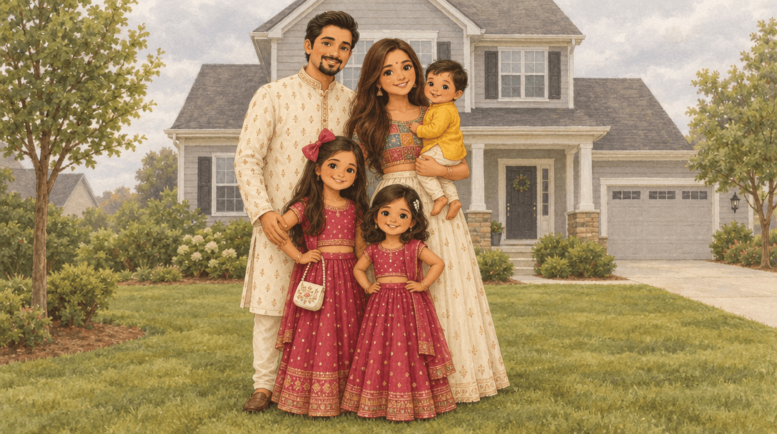 Illustration of the KathaCocoon founder's family dressed for Diwali